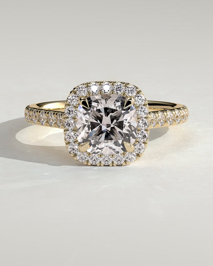 Nicole - Cushion Claw Solitaire with Halo and Pave Band and Cathedral High Setting Engagement Ring - Yellow Gold