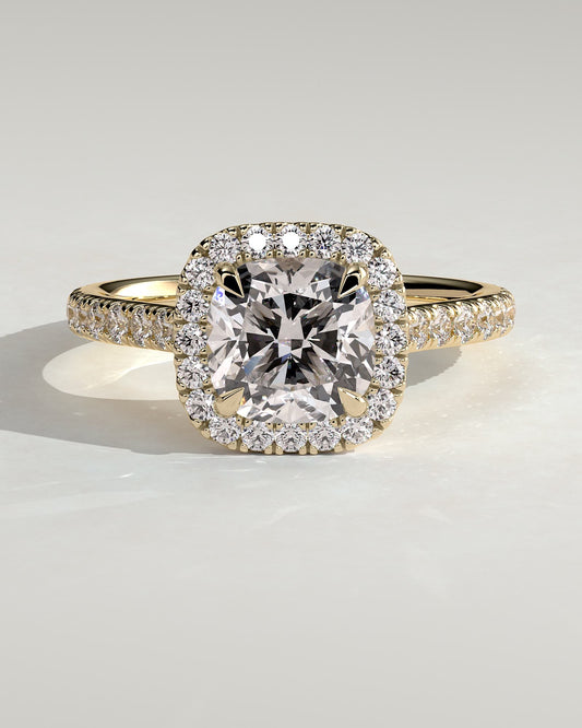 Nicole - Cushion Claw Solitaire with Halo and Pave Band and Cathedral High Setting Engagement Ring - Yellow Gold
