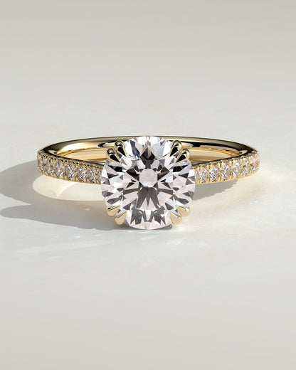 Amelia - Round Double Claw Solitaire with Hidden Halo, Tapered Pave Band and Cathedral High Setting Engagement Ring - Yellow Gold