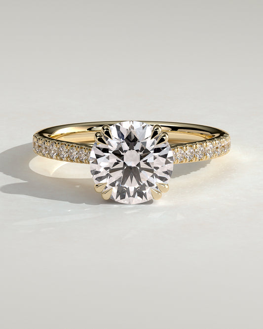 Amelia - Round Double Claw Solitaire with Hidden Halo, Tapered Pave Band and Cathedral High Setting Engagement Ring - Yellow Gold - Yellow Gold 2ct