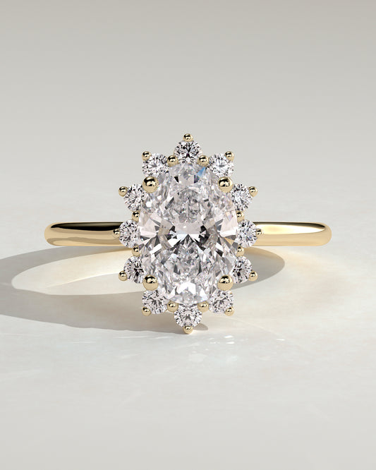 Arielle - Oval Claw Solitaire with Sunburst Halo and Cathedral High Setting Engagement Ring - Yellow Gold - Yellow Gold 2ct
