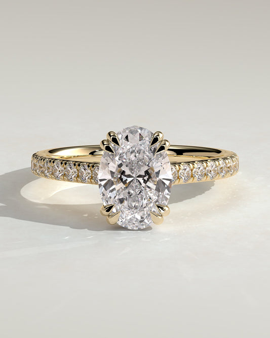 Sasha - Oval Double Claw Solitaire with Hidden Halo, Pave Band and Cathedral High Setting Engagement Ring - Yellow Gold