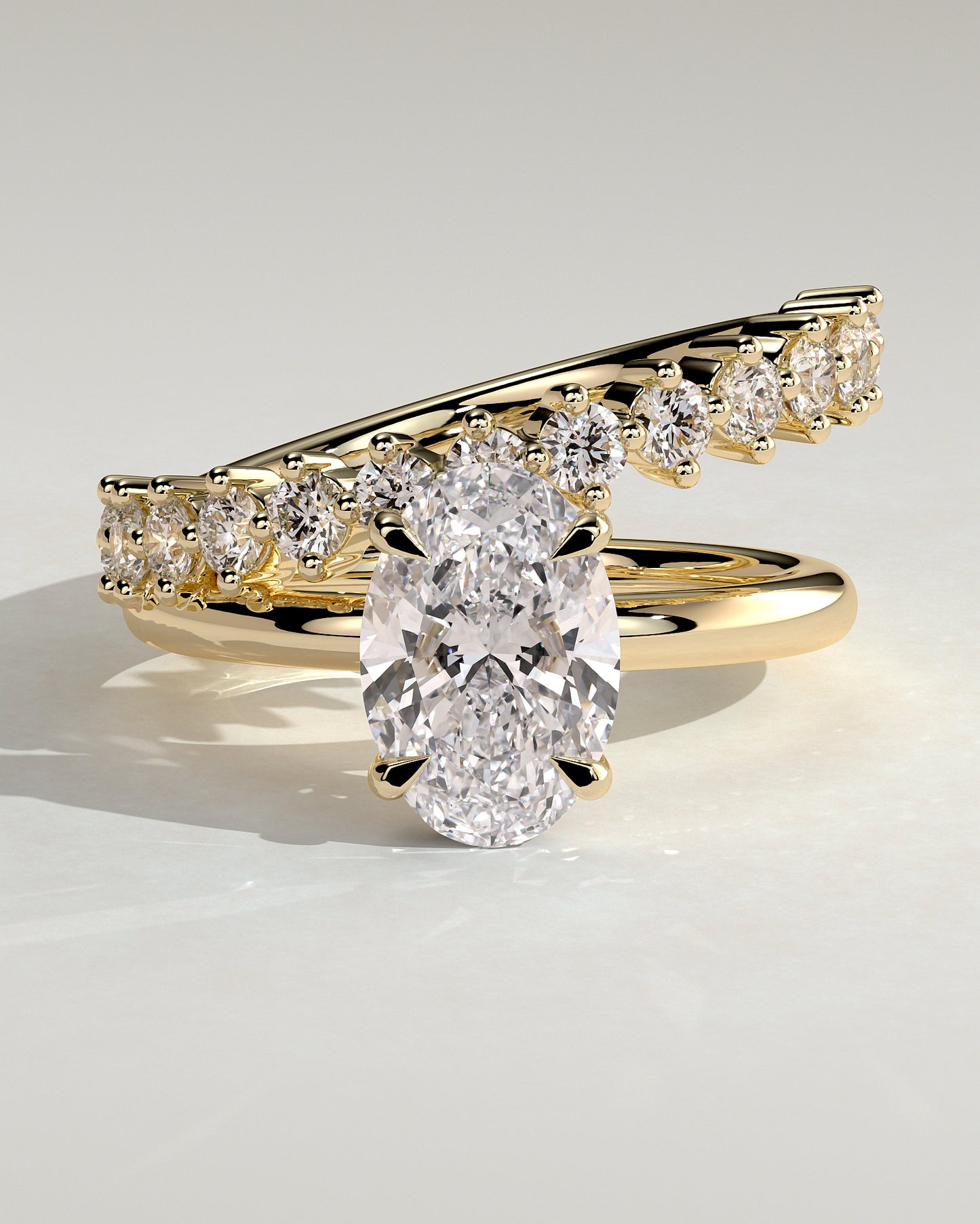 Athena - Oval Claw Solitaire with Double Plain-and-Round-Accent Stones Band Engagement Ring - Yellow Gold - Yellow Gold 2ct