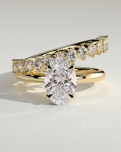 Athena - Oval Claw Solitaire with Double Plain-and-Round-Accent Stones Band Engagement Ring - Yellow Gold