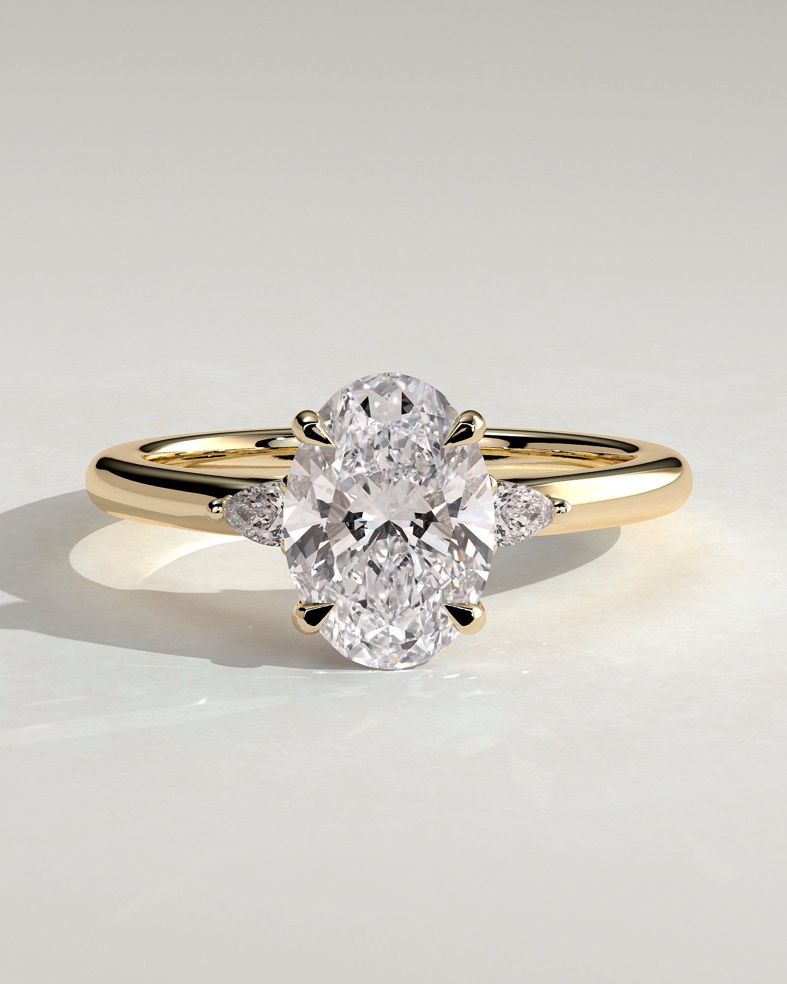 Elena - Oval Claw Trilogy with Pear Side Stones and Tulip Detail Engagement Ring - Yellow Gold - Yellow Gold 2ct