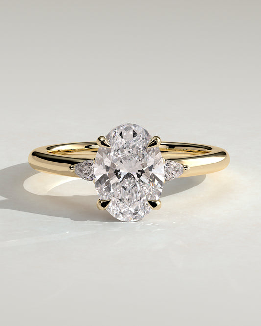 Elena - Oval Claw Trilogy with Pear Side Stones and Tulip Detail Engagement Ring - Yellow Gold - Yellow Gold 2ct