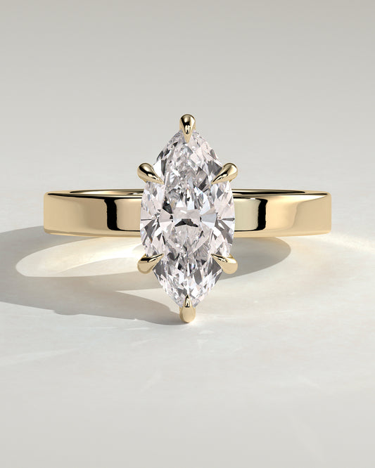 Aisha - Marquise Claw Solitaire with Flat Cigar Band and Hidden Halo Engagement Ring - Yellow Gold - Yellow Gold 2ct
