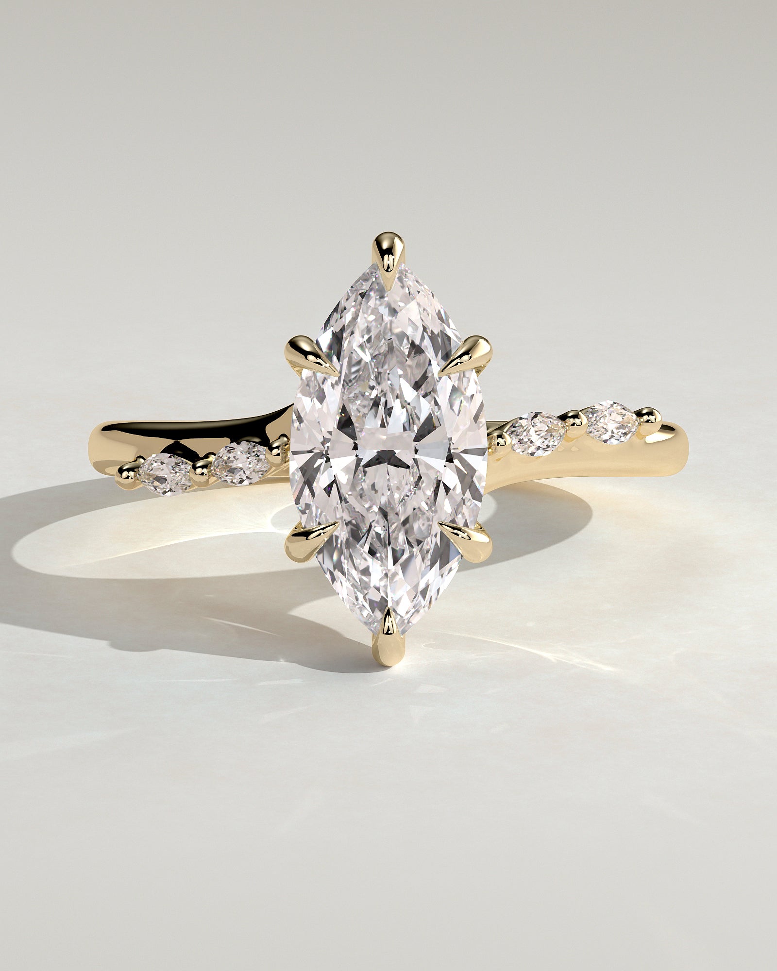 Elsie - Marquise Claw Solitaire with Hidden Halo, Opposing Marquise Accents and Cathedral High Setting Engagement Ring - Yellow Gold - Yellow Gold 2ct