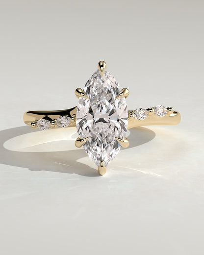 Elsie - Marquise Claw Solitaire with Hidden Halo, Opposing Marquise Accents and Cathedral High Setting Engagement Ring - Yellow Gold