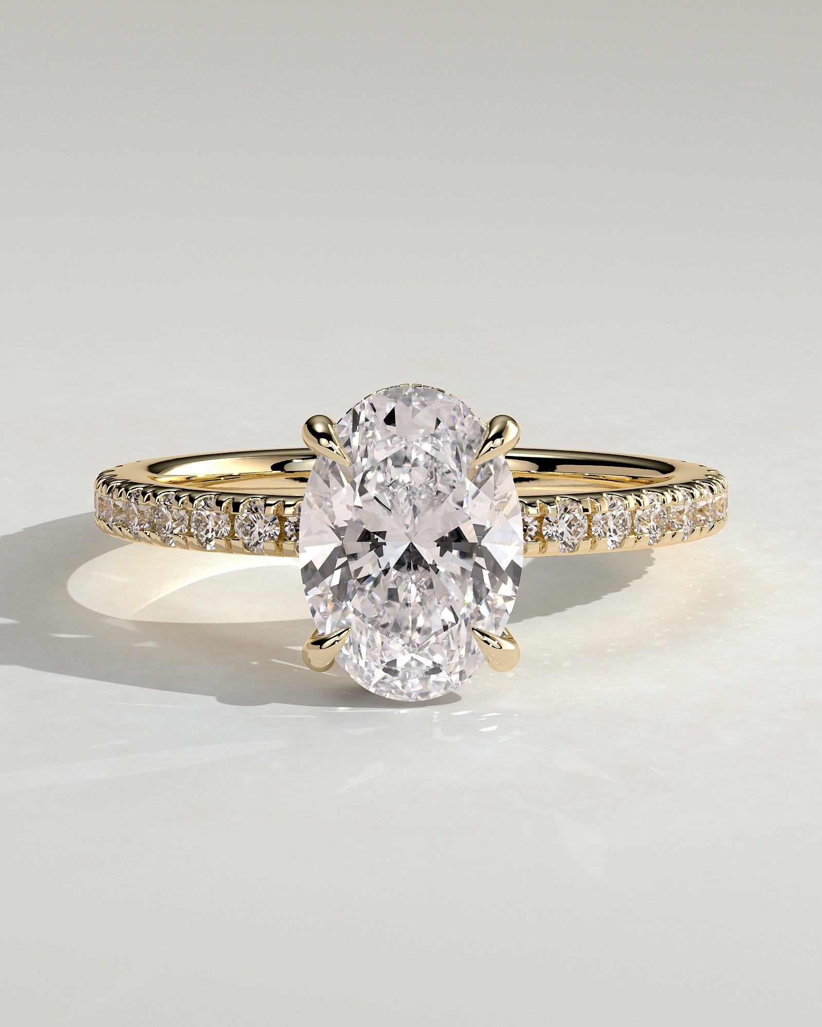 Evangeline - Oval Claw Solitaire with Wrap Around Hidden Halo and Pave Band Engagement Ring - Yellow Gold - Yellow Gold 2ct