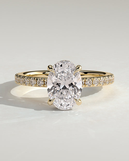 Evangeline - Oval Claw Solitaire with Wrap Around Hidden Halo and Pave Band Engagement Ring - Yellow Gold - Yellow Gold 2ct