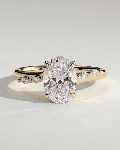 Jamie - Oval Claw Solitaire with Hidden Halo, Opposing Marquise Accents and Cathedral High Setting Engagement Ring - Yellow Gold