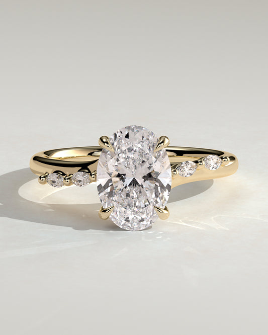 Jamie - Oval Claw Solitaire with Hidden Halo, Opposing Marquise Accents and Cathedral High Setting Engagement Ring - Yellow Gold - Yellow Gold 2ct