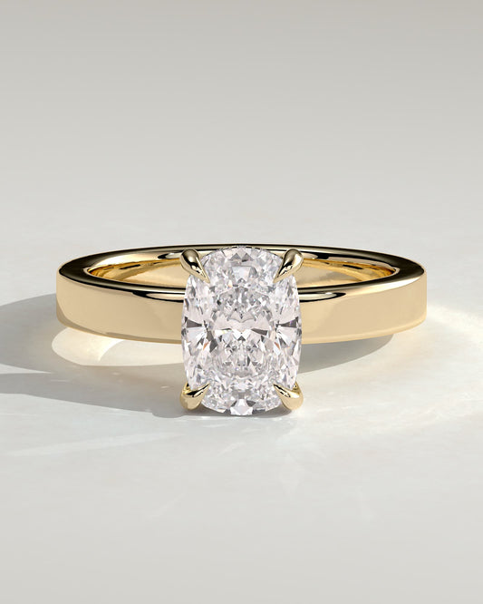 Kai - Elongated Cushion Claw Solitaire with Flat Cigar Band and Hidden Halo Engagement Ring - Yellow Gold