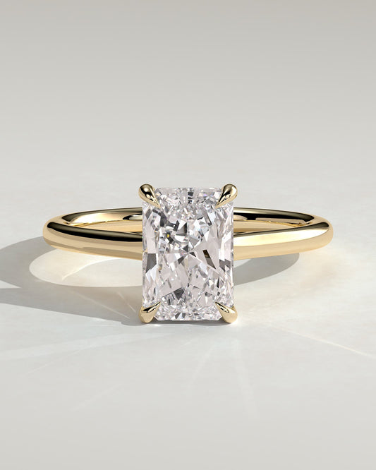 Melody - Radiant Claw Solitaire with Hidden Halo and Cathedral High Setting Engagement Ring - Yellow Gold
