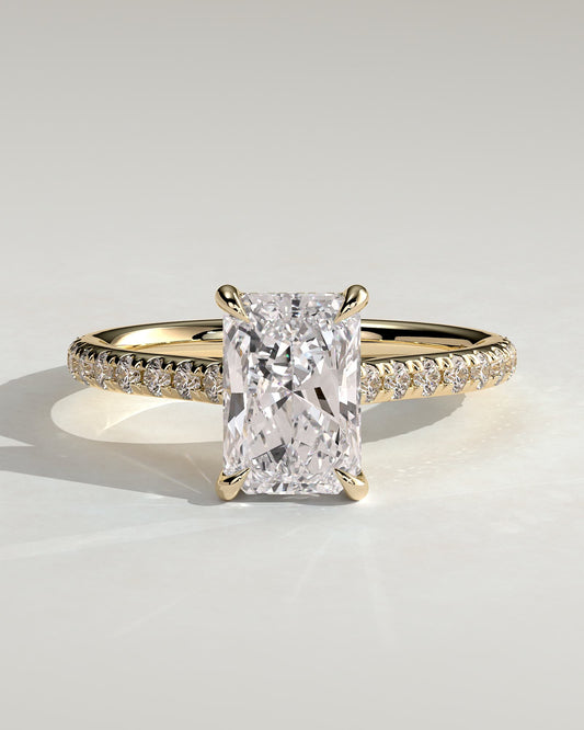 Racquel - Radiant Claw Solitaire with Hidden Halo, Pave Band and Cathedral High Setting Engagement Ring - Yellow Gold