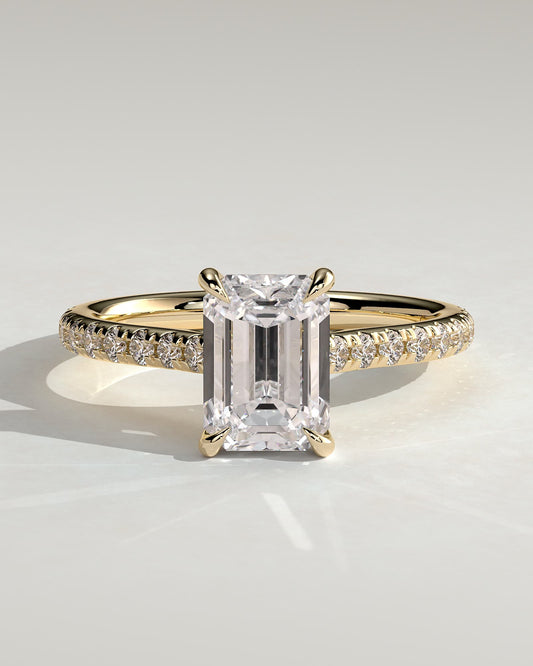 Rowena - Emerald Claw Solitaire with Hidden Halo, Pave Band and Cathedral High Setting Engagement Ring - Yellow Gold