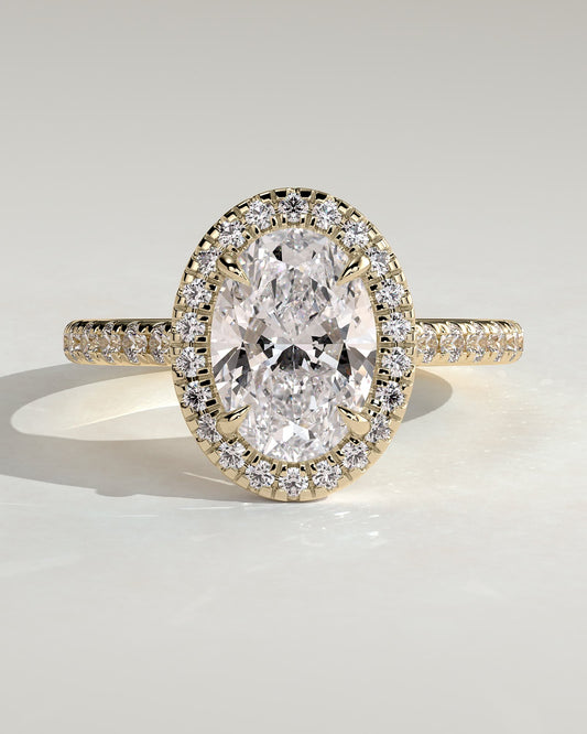 Sally - Oval Claw Solitaire with Halo and Pave Band and Cathedral High Setting Engagement Ring - Yellow Gold