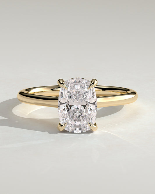 Yasmine - Elongated Cushion Claw Solitaire with Hidden Halo and Cathedral High Setting Engagement Ring - Yellow Gold - Yellow Gold 2ct