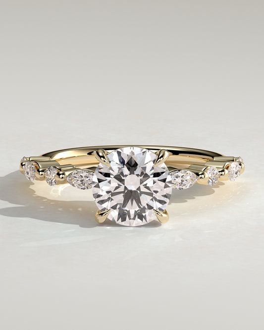 Zade - Round Claw Solitaire with Marquise and Round Accent Stones Engagement Ring - Yellow Gold - Yellow Gold 2ct