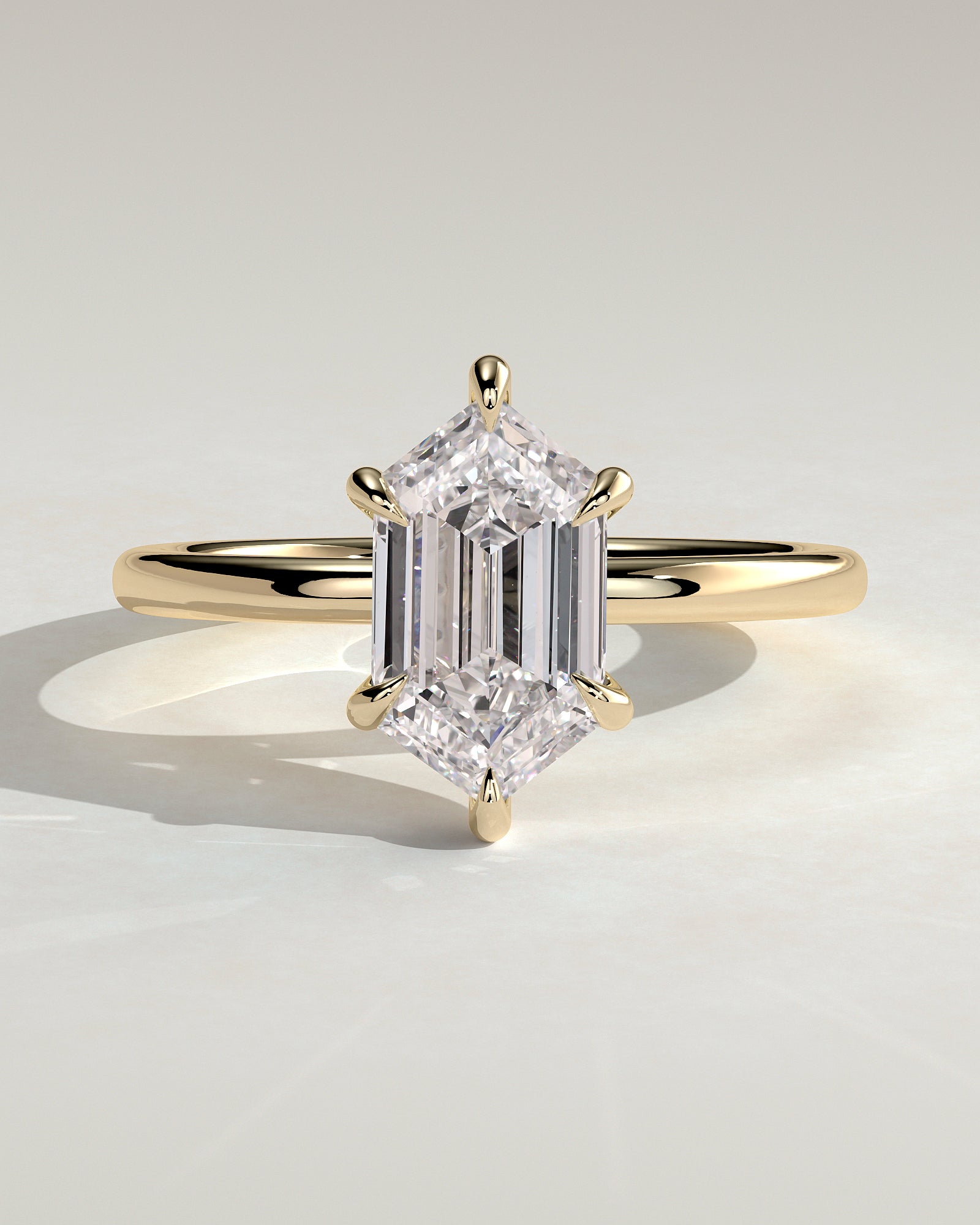 Delta - Elongated Hexagon Claw Solitaire with Hidden Halo Engagement Ring - Yellow Gold - Yellow Gold 2ct