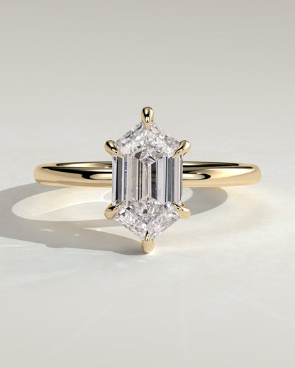 Delta - Elongated Hexagon Claw Solitaire with Hidden Halo Engagement Ring - Yellow Gold