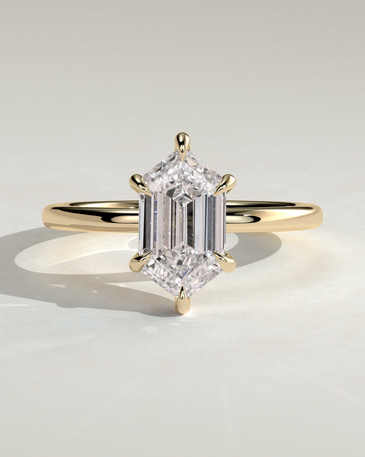 Delta - Elongated Hexagon Claw Solitaire with Hidden Halo Engagement Ring - Yellow Gold - Yellow Gold 2ct