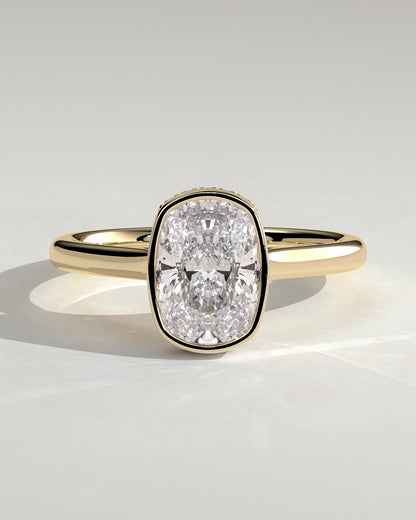 Everleigh - Elongated Cushion Bezel Solitaire with Hidden Halo and Cathedral High Setting Engagement Ring - Yellow Gold
