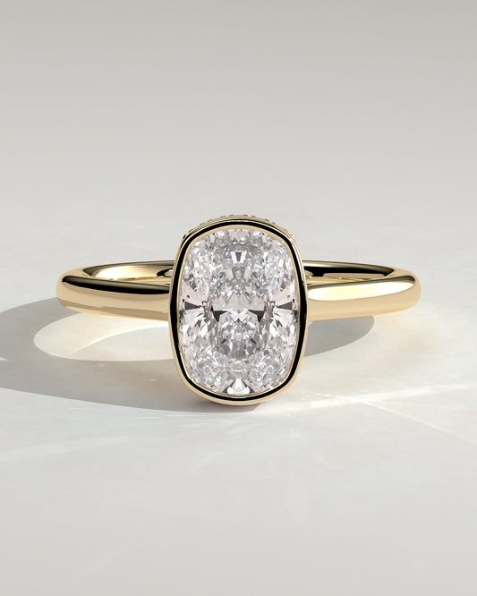 Everleigh - Elongated Cushion Bezel Solitaire with Hidden Halo and Cathedral High Setting Engagement Ring - Yellow Gold - Yellow Gold 2ct