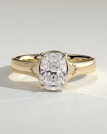 Taylor - Vintage Style Elongated Cushion Claw Solitaire with Bezel Frame and Star Set Accent Stones, Milgrain and Pinched Reverse Tapered Band Engagement Ring - Yellow Gold