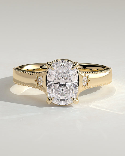 Taylor - Vintage Style Elongated Cushion Claw Solitaire with Bezel Frame and Star Set Accent Stones, Milgrain and Pinched Reverse Tapered Band Engagement Ring - Yellow Gold - Yellow Gold 2ct