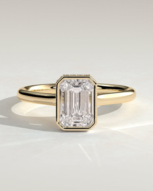 Valeria - Emerald Bezel Solitaire with Hidden Halo and Cathedral High Setting Engagement Ring - Yellow Gold - Yellow Gold 2ct