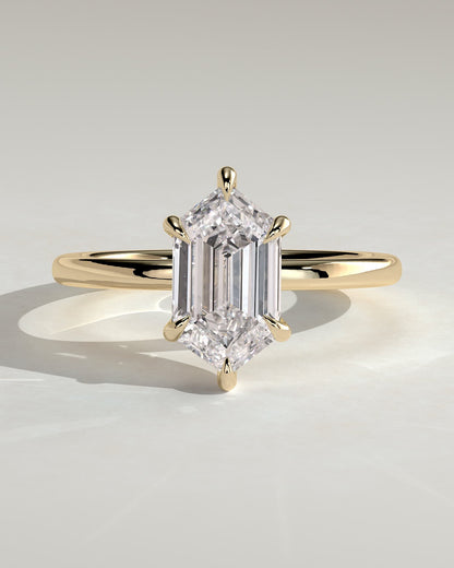 Cynthia - Classic Elongated Hexagon Claw Solitaire Engagement Ring - Yellow Gold