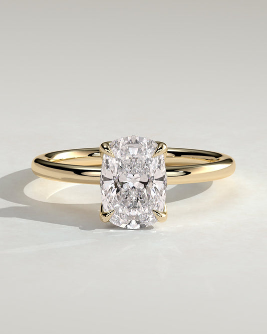 Poppy - Elongated Cushion Claw Solitaire with Petal Gallery and Accented Tiara Detail Engagement Ring - Yellow Gold