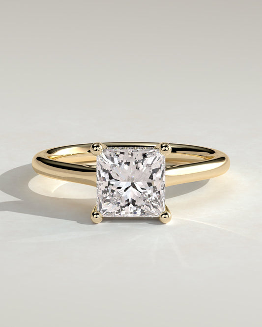 Natalie - Princess Claw Solitaire with Hidden Halo and Cathedral High Setting Engagement Ring - Yellow Gold