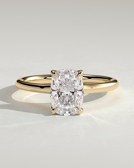 Melissa - Elongated Cushion Claw Solitaire with Petal Gallery, Accent Leaf Detail and Cathedral Setting Engagement Ring - Yellow Gold