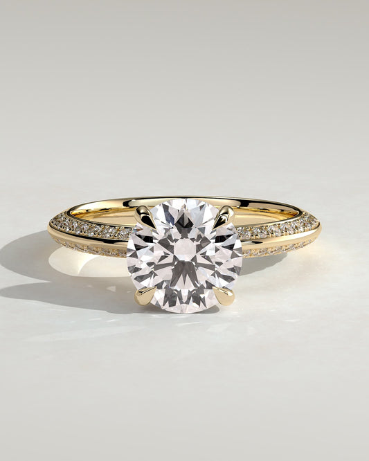 Melinda - Round Claw Solitaire with Hidden Halo and Knife Edge Pave Band  Engagement Ring - Yellow Gold