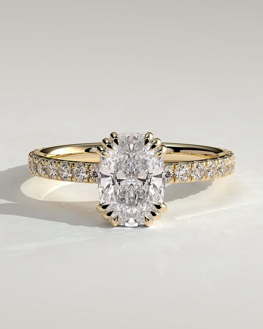 Mandy - Elongated Cushion Triple Claw Solitaire with Pave Band Engagement Ring - Yellow Gold