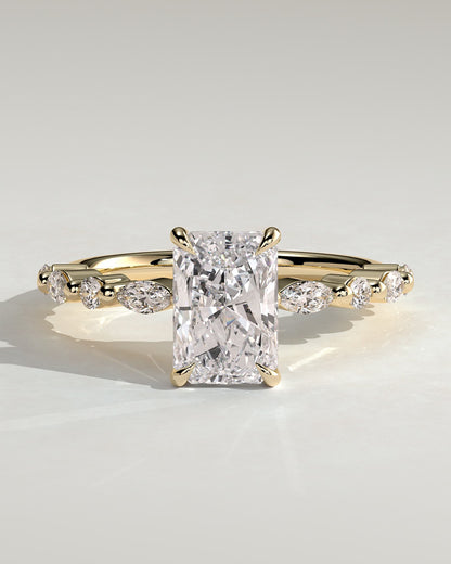 Dayna - Radiant Claw Solitaire with Marquise and Round Accent Stones Engagement Ring - Yellow Gold