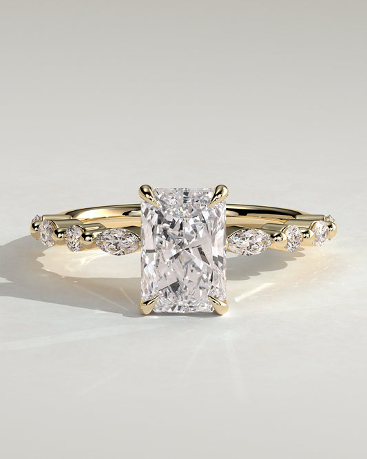 Dayna - Radiant Claw Solitaire with Marquise and Round Accent Stones Engagement Ring - Yellow Gold - Yellow Gold 2ct