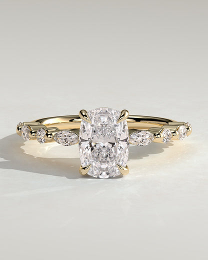 Delphine - Elongated Cushion Claw Solitaire with Marquise and Round Accent Stones Engagement Ring - Yellow Gold