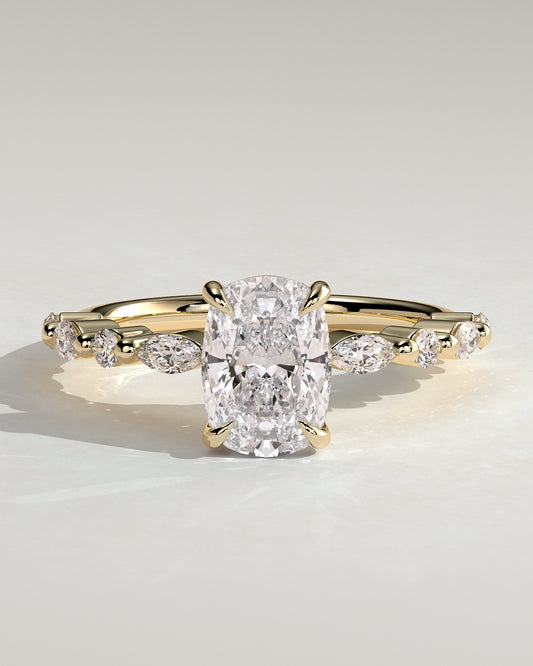 Delphine - Elongated Cushion Claw Solitaire with Marquise and Round Accent Stones Engagement Ring - Yellow Gold - Yellow Gold 2ct