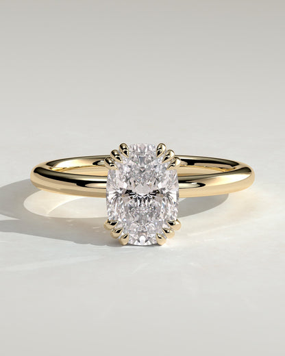 Helena - Elongated Cushion Triple Claw Solitaire Engagement Ring - Yellow Gold