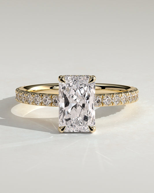 Thea - Radiant Claw Solitaire with Hidden Halo and Pave Band Engagement Ring - Yellow Gold - Yellow Gold 2ct