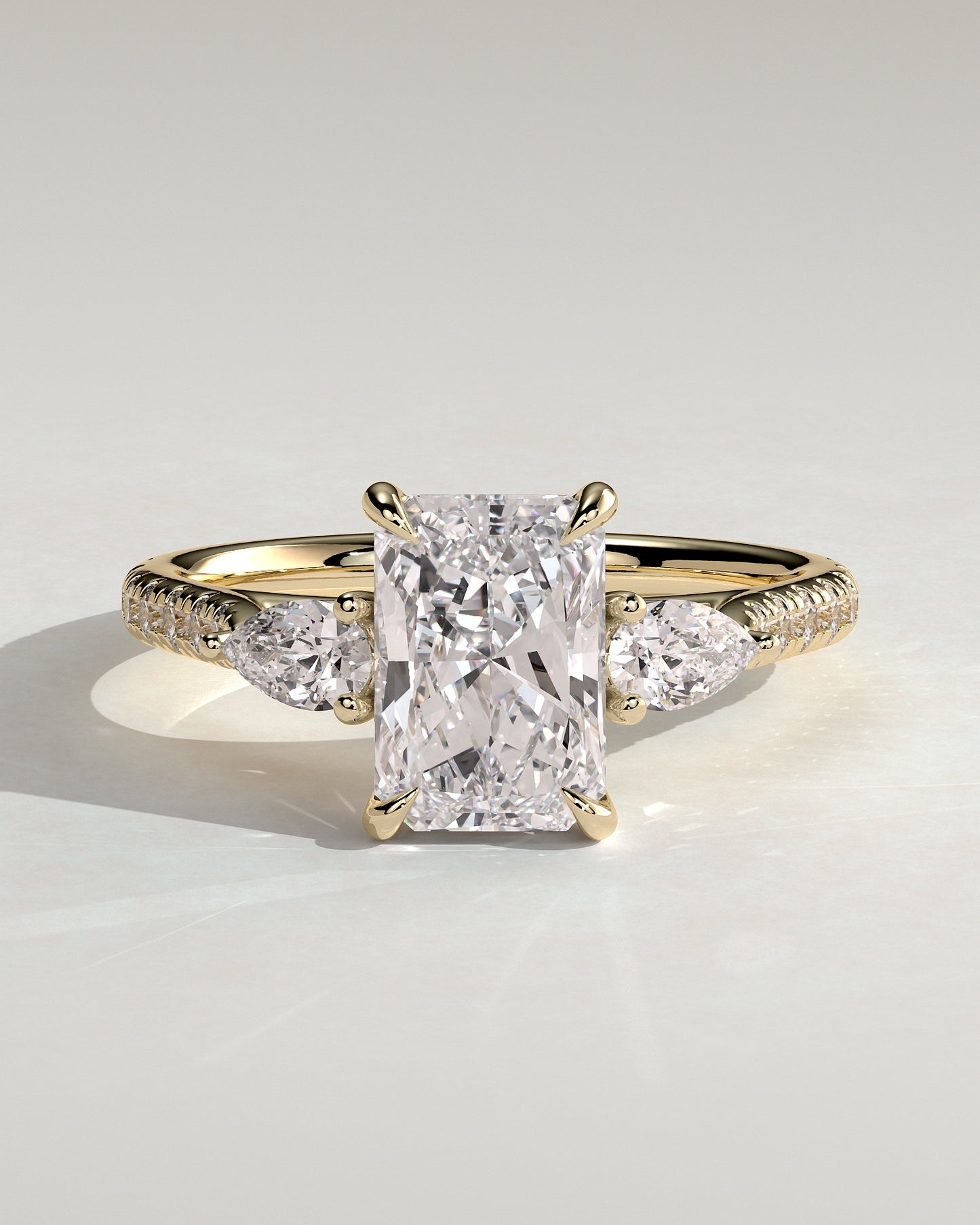 Ginny - Radiant Claw Trilogy with Pear Side Stones and Pave Band Engagement Ring - Yellow Gold - Yellow Gold 2ct