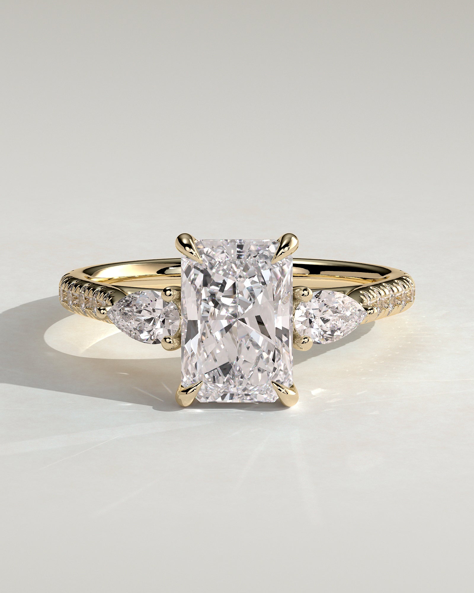 Ginny - Radiant Claw Trilogy with Pear Side Stones and Pave Band Engagement Ring - Yellow Gold - Yellow Gold 2ct