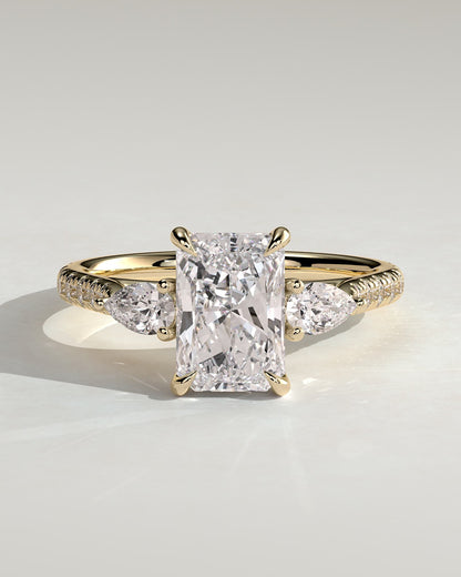 Ginny - Radiant Claw Trilogy with Pear Side Stones and Pave Band Engagement Ring - Yellow Gold