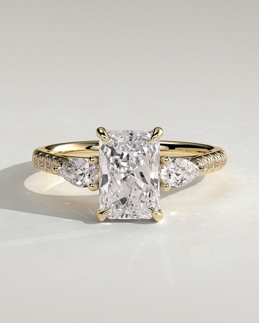 Ginny - Radiant Claw Trilogy with Pear Side Stones and Pave Band Engagement Ring - Yellow Gold - Yellow Gold 2ct