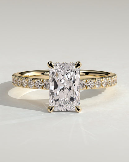 Ellie - Radiant Claw Solitaire with Wrap Around Hidden Halo and Pave Band Engagement Ring - Yellow Gold