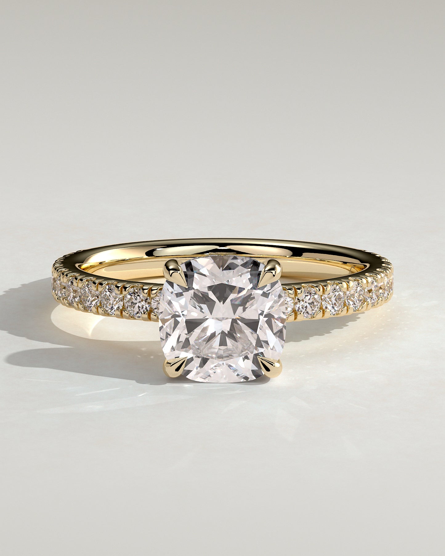 Claudia - Cushion Claw Solitaire with Hidden Halo and Pave Band Engagement Ring - Yellow Gold - Yellow Gold 2ct